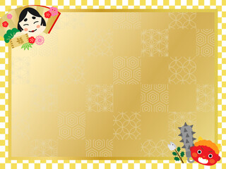 節分の金ぱくのフレームや背景　赤鬼や福の神と豆
