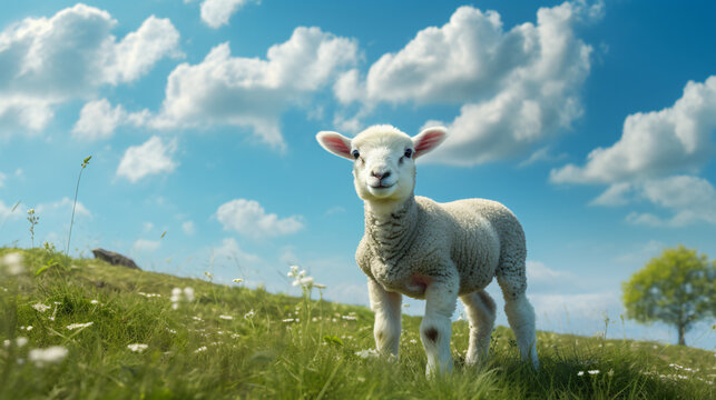 A lamb standing in a green grassy field and cloud