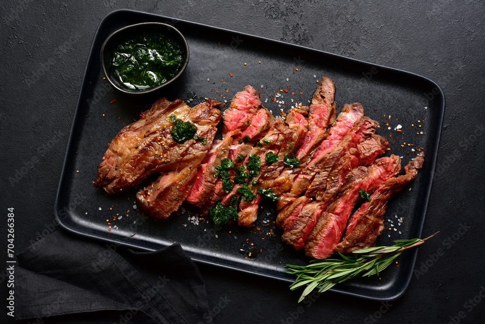 Poster grilled marbled beef steak. top view with copy space.