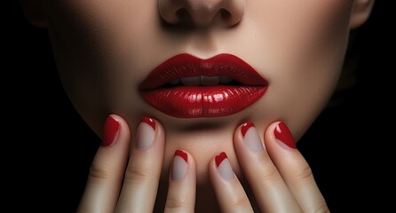  a close up of a woman's face with her hands on her face and red lipstick on her lips.