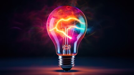  a light bulb with a colorful light inside of it on a dark background with smoke coming out of the bulb.