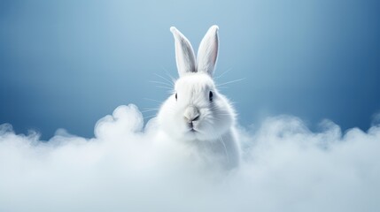  a white rabbit sitting in the middle of a cloud filled sky with a blue sky and white clouds behind it.