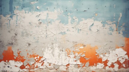  a rusted wall with peeling paint and a blue and orange paint chipping off the top of the wall.