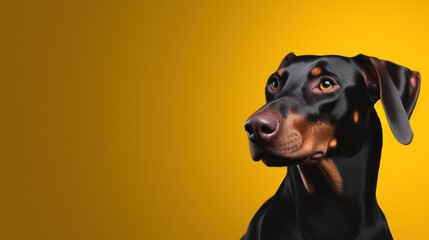  a close up of a dog's face on a yellow background with a black and brown dachshund.