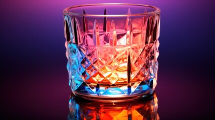  a close up of a glass with a lit candle inside of it on a reflective surface with a purple background.