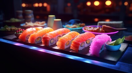  a close up of a plate of sushi with chopsticks and a bowl of sauce on the side. - obrazy, fototapety, plakaty