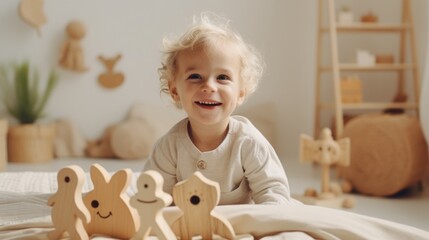  a little girl sitting on a bed with a wooden toy in front of her and two wooden toys in front of her.