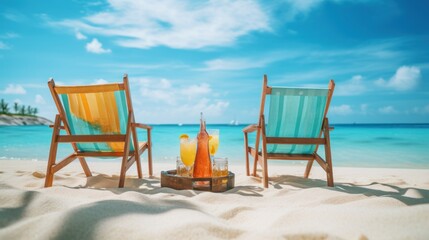  a couple of chairs sitting on top of a beach next to a bottle of orange juice and two glasses of orange juice.