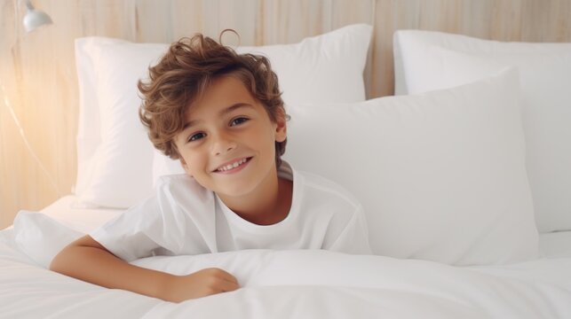  a young boy laying on top of a white bed next to pillows and a white pillow on top of a bed.