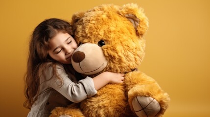  a girl hugging a large teddy bear on top of a wooden floor in front of a yellow wall with a smile on her face.