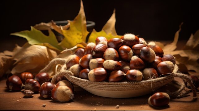  a bowl full of acorns sitting on a table next to leaves and a bowl of acorns.