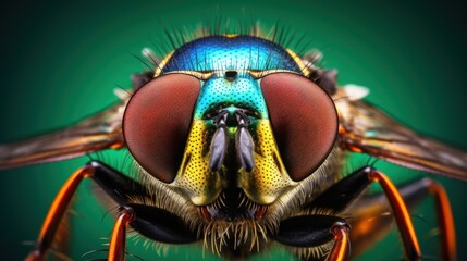  a close up of a blue and yellow fly's head with a black and yellow stripe on it's forehead.