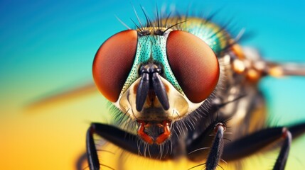  a close - up of a fly's face with a blue sky in the back ground and a blue sky in the back ground.