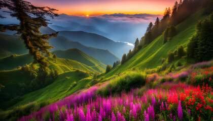 sunrise in the flowery mountains