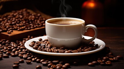  a cup of coffee sitting on top of a saucer next to a pile of coffee beans on a table.