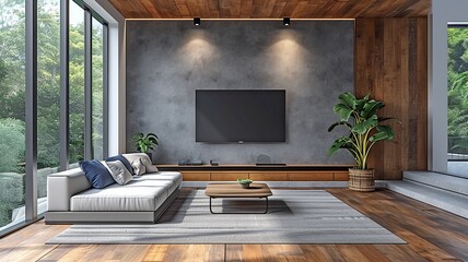 Fototapeta premium Interior of a modern living room including a sofa, floor lamp, smart TV, and potted plant...