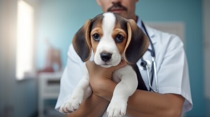  a close up of a dog being held by a person in a doctor's coat with a stethoscope.