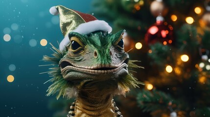  a close up of a toy lizard wearing a santa hat next to a christmas tree with lights in the background.