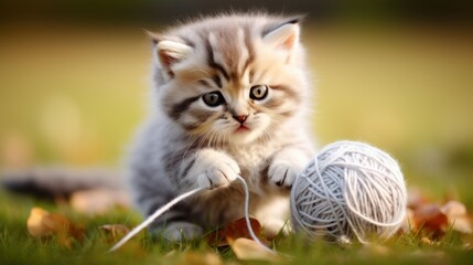 Naklejka na ściany i meble a kitten playing with a ball of yarn in a field of grass with leaves on the ground and a ball of yarn in the foreground.