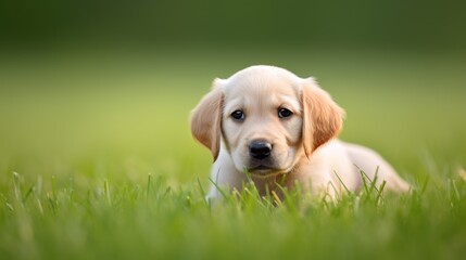  a close up of a dog laying in a field of grass with it's head resting on the ground.