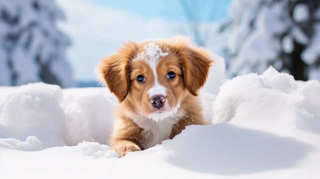  a brown and white dog laying in a pile of snow with trees in the background and a blue sky in the background.