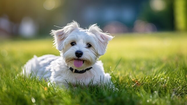  a small white dog laying in the grass with its tongue hanging out of it's mouth and tongue hanging out of it's mouth.