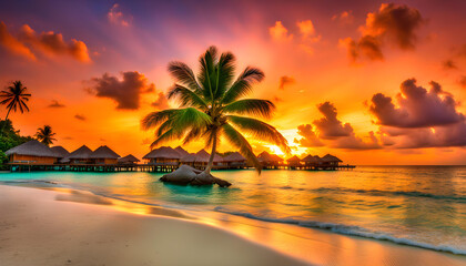 Fototapeta na wymiar tropical sunset with coconut trees
