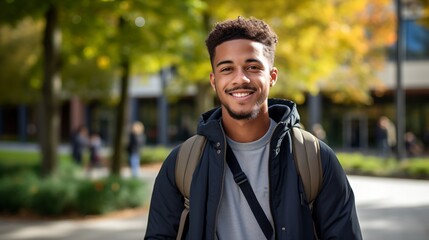 Naklejka premium Happy African American male college student on campus