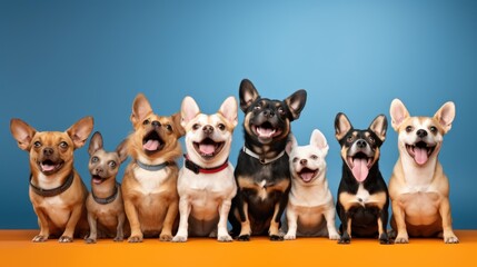  a group of dogs sitting next to each other in front of a blue and orange background with their mouths open.