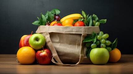  a bag filled with lots of fruit sitting on top of a table next to a pile of oranges and apples.
