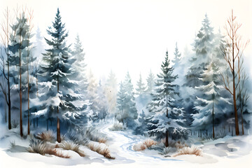 Fototapeta premium Winter landscape with pine trees in watercolor style. Snow-covered spruce forest