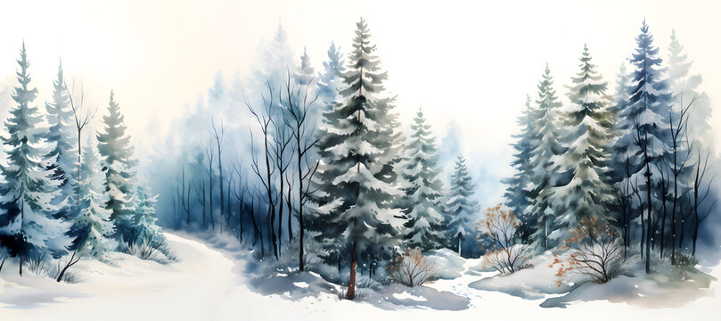 Winter landscape with pine trees in watercolor style. Snow-covered spruce forest