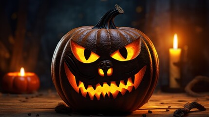  a jack o lantern pumpkin with glowing eyes and a scary face on a wooden table with candles in the background.