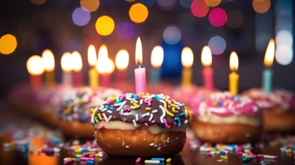  a close up of a doughnut with sprinkles on a table with many candles in the background.