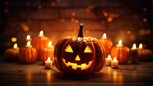  a group of lit pumpkins with jack o lantern faces in the middle of the image with candles in the background.