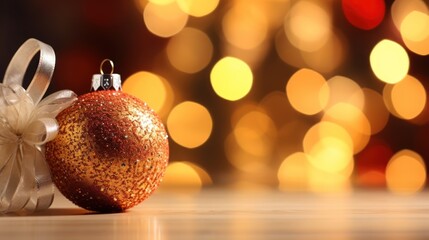  a close up of a christmas ornament on a table with a boke of lights in the background.