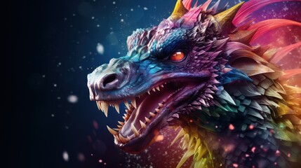  a close up of a dragon's head on a dark background with snow flakes and snow flakes.