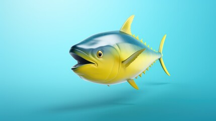  a blue and yellow fish with its mouth open and eyes wide open, on a blue background with a shadow from the bottom of the fish.