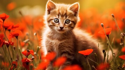Naklejka na ściany i meble a kitten sitting in the middle of a field of red flowers with a blue eyed kitten looking at the camera.