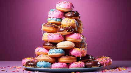 Fototapeta na wymiar a tower of doughnuts on a plate with sprinkles on a purple surface with a purple background.