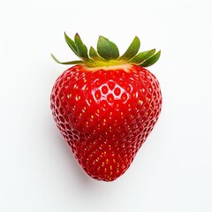 Photograph of strawberry, top down view, wite background