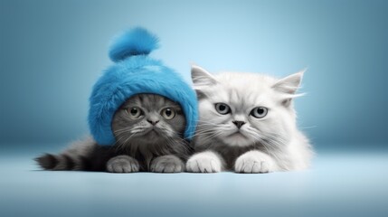  a couple of kittens sitting next to each other in front of a blue background with a cat wearing a blue hat.