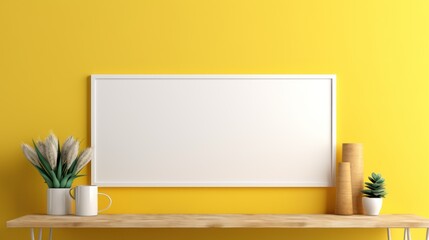  a yellow wall with a wooden table and two planters and a picture frame hanging on the wall above it.