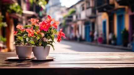  a couple of white cups sitting on top of a wooden table next to a planter filled with red flowers.