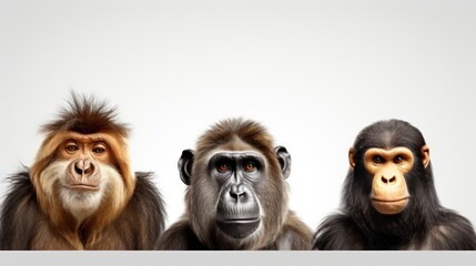  a group of monkeys sitting next to each other on top of a white surface with one monkey looking at the camera.