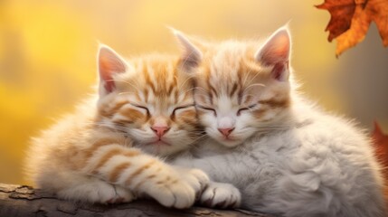  a couple of kittens laying next to each other on top of a tree branch in front of a yellow background.