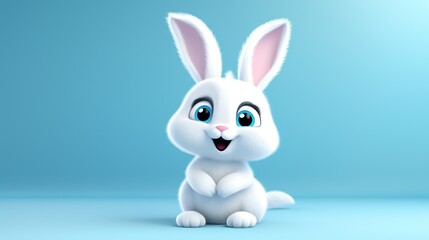  a white rabbit with big blue eyes sitting on a light blue background with a blue background and a light blue background behind it.