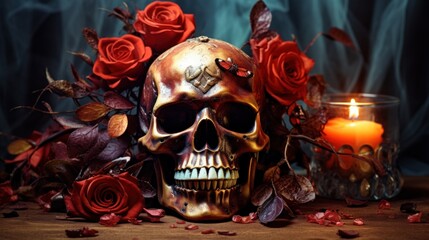  a skull sitting next to a candle with red roses around it and a glass vase with a candle in it.