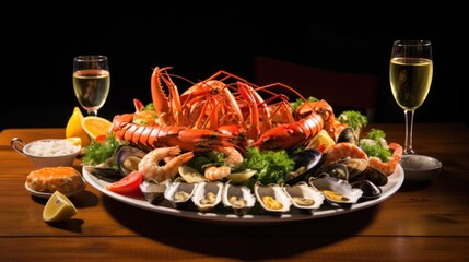 a platter of seafood with a glass of wine and a glass of wine on the side of the plate.