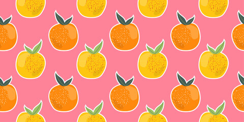Hand drawn oranges fruit seamless pattern design with citrus fruit on dark pink color background. 